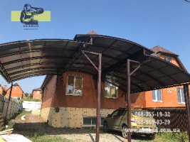 Распашные ворота. Навес из металлочерепицы. Ворота откатные. Перила